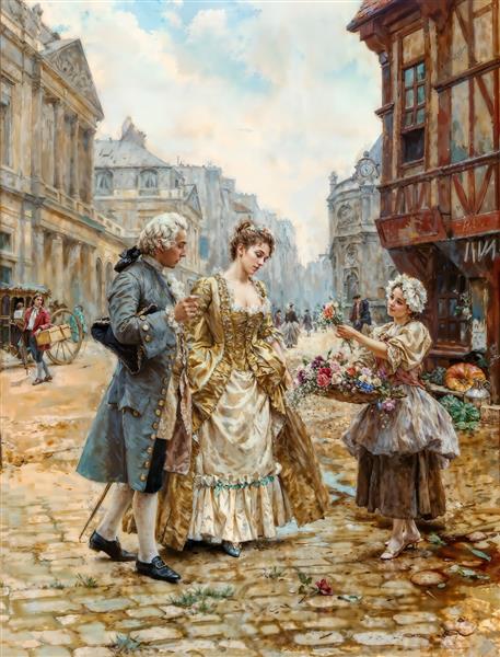 تصویر خیابان‌های پاریس قدیم و زوج اشرافی ویژه پوستر دیواری کافه رستوران‌های فرانسوی و اتاق نشیمن