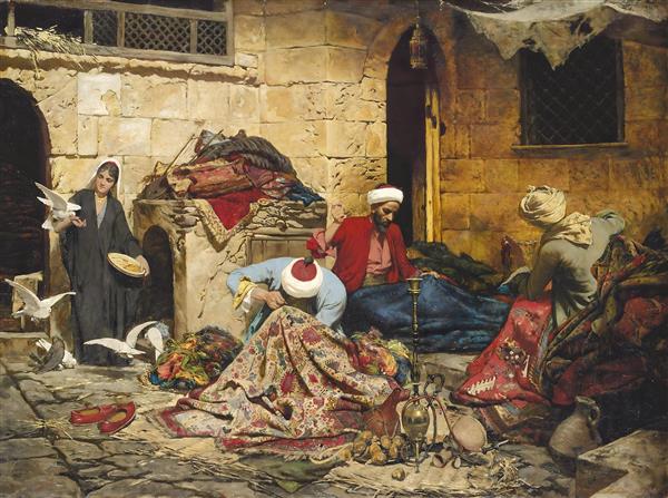 طرح هنری بازار سنتی شرقی و کبوترها برای پوستر دیواری سالن پذیرایی و قهوه‌خانه‌های با تم تاریخی