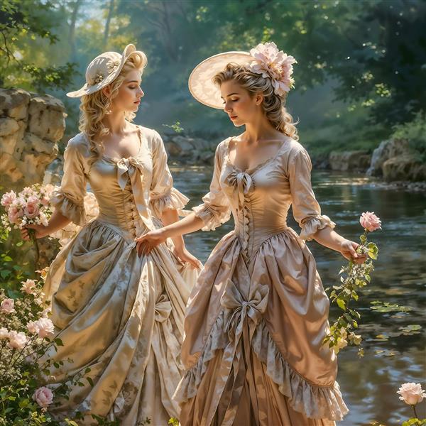 تصویر رویایی زنان با لباس‌های پف‌دار در کنار رودخانه برای پوستر دیواری سه بعدی اتاق خواب و سالن‌های سنتی