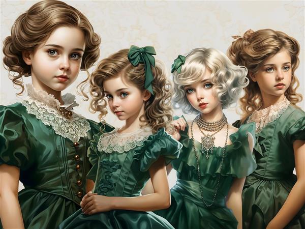 طرح هنری دختران اشرافی با لباس‌های سبز زمردی برای چاپ روی کوسن، آباژور و پوستر دیواری کلاسیک اتاق دخترانه