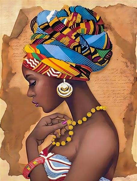 پوستر دیواری چهره زن آفریقایی با سربند رنگارنگ و جواهرات طلایی مناسب برای مزون‌های لباس و سالن‌های زیبایی