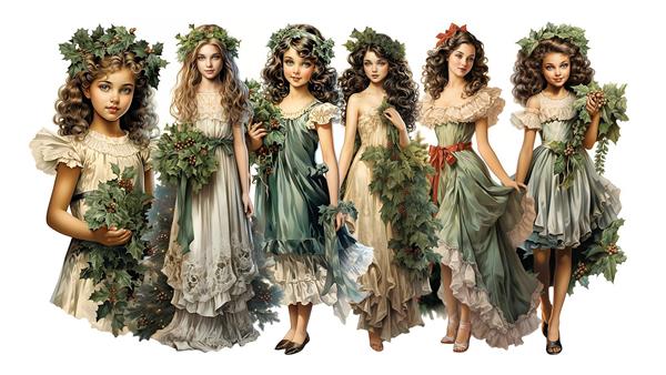 تصویر گرافیکی فانتزی دختران با لباس‌های توری و تاج گل ایده‌آل برای پوستر دیواری اتاق کودک و نوزاد و دفترچه یادداشت