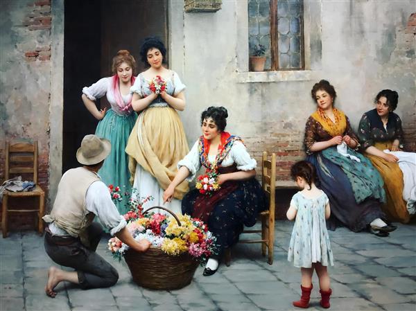 طرح نوستالژیک بازار گل و زنان روستایی اروپایی برای چاپ روی پرده، روتختی و پوستر دیواری آشپزخانه یا کافه