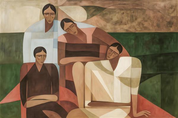 نقاشی مدرن انتزاعی از چهره زنان با طیف رنگی سبز و قهوه‌ای ویژه تابلو دکوراتیو و پوستر دیواری اتاق خواب و دفتر کار