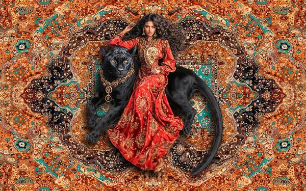 پوستر دیواری لاکچری زن شرقی و پلنگ سیاه با پس‌زمینه طرح فرش اسلیمی مناسب برای سالن پذیرایی و لابی هتل