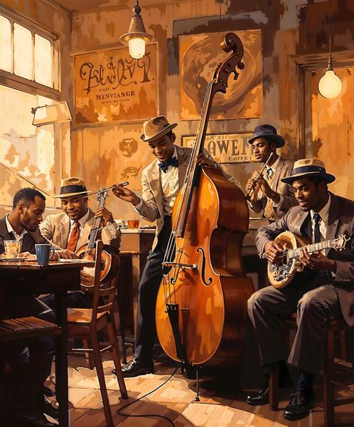 تصویر گرافیکی گروه جاز در کافه قدیمی با ساز کنترباس و گیتار مناسب برای پوستر دیواری کافه، رستوران و اتاق موسیقی