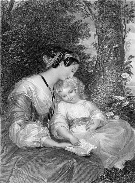 نقاشی سیاه و سفید مادر و کودک در حال خواندن کتاب در طبیعت مناسب برای پوستر دیواری اتاق کودک و مهدکودک