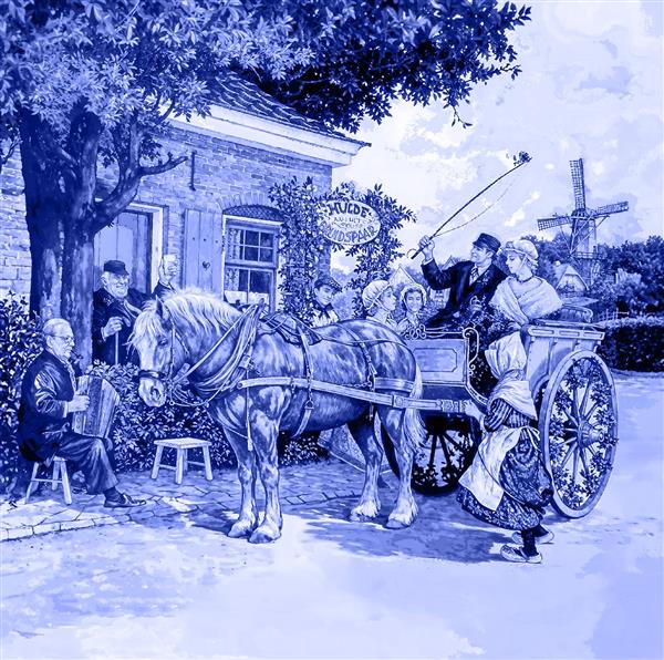 طرح آبی و سفید کلاسیک کالسکه اسب و آسیاب بادی مناسب برای چاپ روی بشقاب دیواری، کاشی و پوستر دیواری آشپزخانه