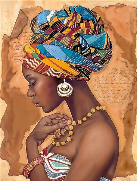 نقاشی مدرن زن آفریقایی با سربند رنگارنگ و جواهرات طلایی مناسب برای تابلو دکوراتیو و پوستر دیواری مدرن پذیرایی