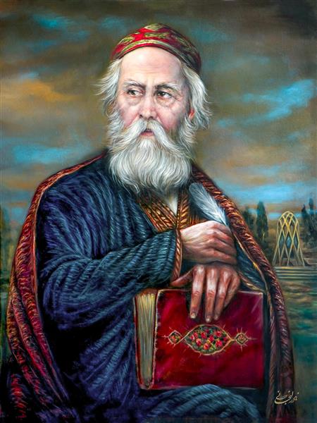 پرتره هنری حکیم عمر خیام نیشابوری با کتاب و قلم پر ایده آل برای پوستر دیواری کتابخانه، اتاق مطالعه و آموزشگاه