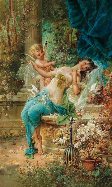 نقاشی فرشته و زن در باغ بهشتی سبک کلاسیک رنسانس مناسب برای پوستر دیواری پشت تختخواب و سقف تالار