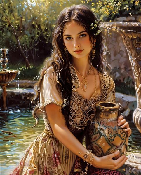 طرح نقاشی دختر زیبا با کوزه سفالی در کنار برکه برای چاپ روی پرده، فرشینه و پوستر دیواری باغ تالار و ویلا
