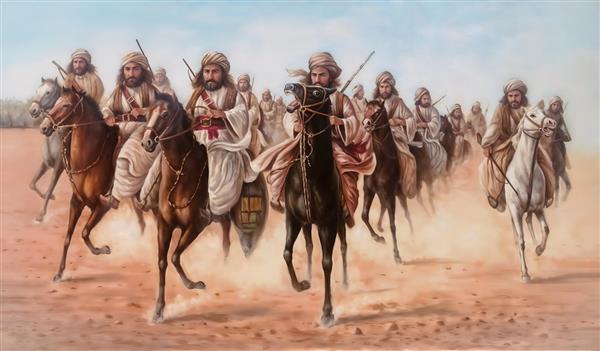 نقاشی حماسی اسب‌سواران عرب در صحرا با لباس سنتی مناسب برای چاپ روی فرش، روتختی و پوستر دیواری هتل و لابی