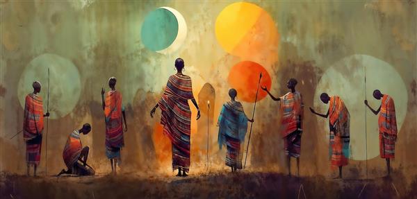 طرح مدرن و انتزاعی قبیله آفریقایی با نمادهای ماه و خورشید مناسب پوستر دیواری مدرن، اتاق نشیمن و کافه گالری