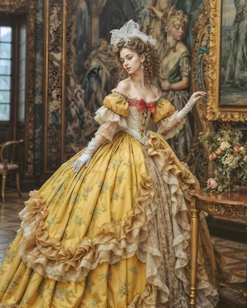 نقاشی بانوی اشرافی با لباس زرد پر زرق و برق در تالار آینه ویژه کاغذ دیواری پذیرایی و دکوراسیون عمارت‌های لوکس