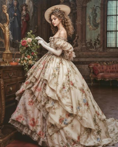 تصویر بانو با لباس چین‌دار و دستکش سفید در قصر کلاسیک برای پوستر دیواری سه بعدی پذیرایی و تالارهای تشریفاتی