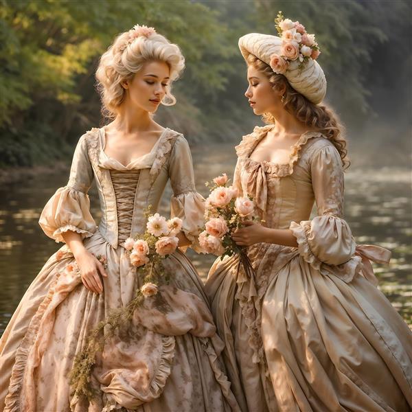 پرتره هنری بانوان فرانسوی با لباس پف‌دار قرن ۱۸ مناسب برای تابلوی دکوراتیو کلاسیک، پوستر دیواری لابی و مزون لباس