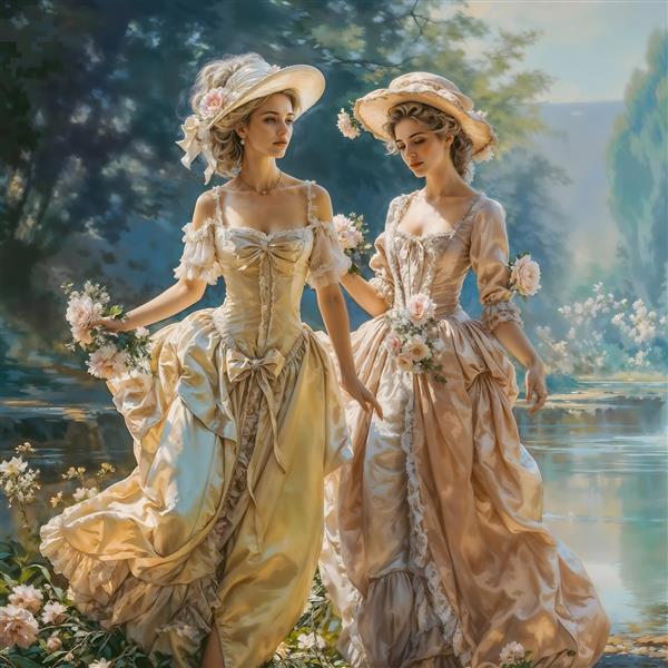 نقاشی دو بانو با لباس‌های اشرافی و کلاه در کنار برکه ایده آل برای پوستر دیواری اتاق خواب مستر و سالن‌های آرایش لوکس