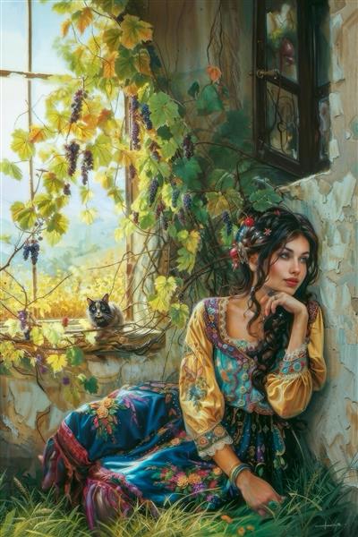 پرتره رویایی دختر در کنار پنجره و خوشه‌های انگور طرح رمانتیک برای پوستر دیواری اتاق خواب و چاپ روی کوسن و پرده