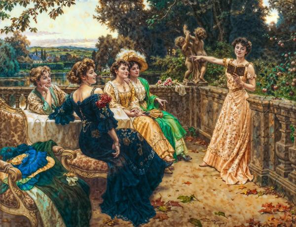 منظره تراس کلاسیک و دورهمی بانوان با لباس‌های مجلل برای پوستر دیواری عریض تالار پذیرایی و لابی ویلا