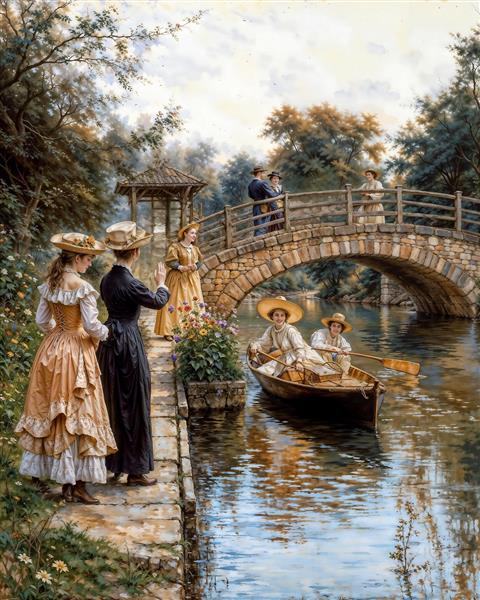 طرح قایق‌سواری بانوان در برکه آرام و پل سنگی زیبا ویژه چاپ کاغذ دیواری سه بعدی اتاق خواب و سالن‌های هنری