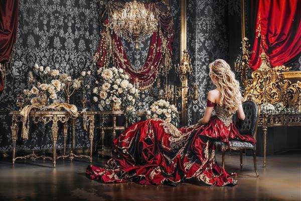 پوستر دیواری فوق لوکس زن در عمارت سلطنتی با تم قرمز و مشکی مناسب سالن‌های پذیرایی مجلل و مزون