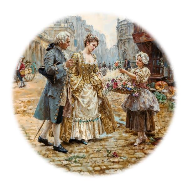 طرح کلاسیک گل‌فروش خیابانی و زوج جوان برای چاپ روی بشقاب دکوراتیو، کوسن و تابلو دیواری