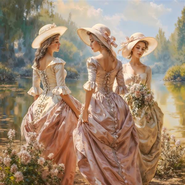 تصویر سه زن اشرافی با لباس‌های تجمعی در کنار رودخانه ویژه پوستر دیواری پذیرایی و سالن‌های زیبایی