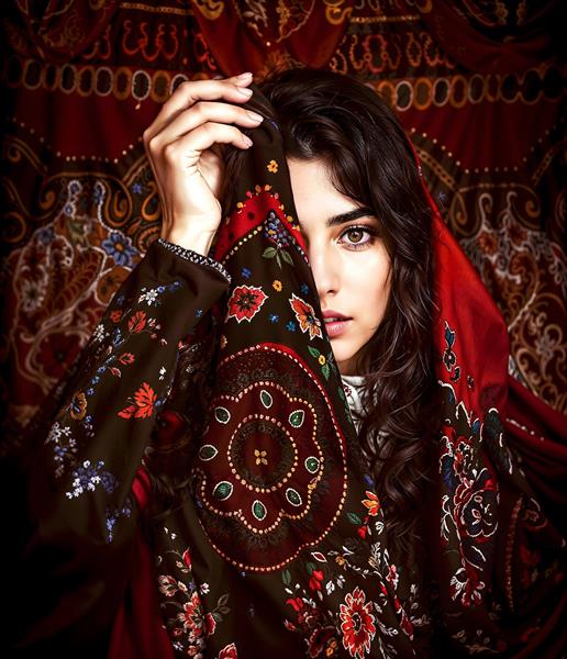 پوستر دیواری چهره زن با شال طرح‌دار سنتی قرمز و قهوه‌ای مناسب دکوراسیون بوتیک، مزون و آرایشگاه لوکس