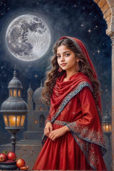 نقاشی دختر زیبا با لباس سنتی ایرانی در شب یلدا با ماه کامل مناسب پوستر دیواری اتاق کودک و نوجوان و مهدکودک