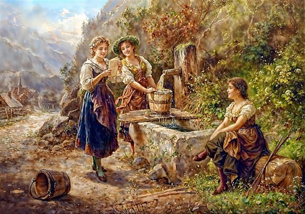 تابلو نقاشی کلاسیک اروپایی دختران روستایی کنار چشمه ویژه چاپ کاغذ دیواری سه بعدی و پوستر دیواری پذیرایی و هتل‌ها