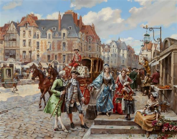 تصویر بازار و کالسکه در خیابان‌های قدیمی پاریس ویژه پوستر دیواری لابی و دکوراسیون کلاسیک تجاری