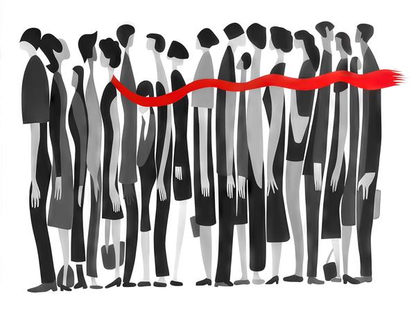 تصویر گرافیکی مفهومی از ازدحام جمعیت و نوار قرمز ایده آل برای پوستر دیواری دفاتر اداری و شرکت‌های خلاق