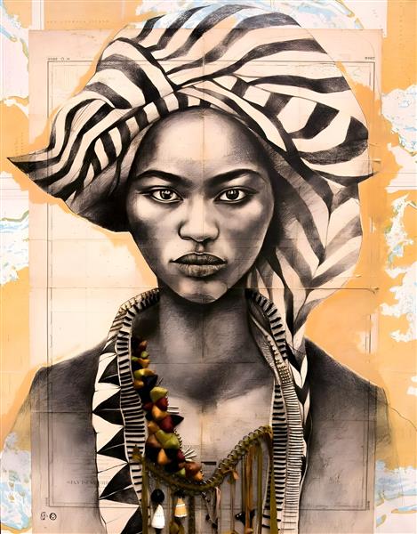 طرح مدرن چهره زن آفریقایی با سربند راه راه ویژه پوستر دیواری اتاق خواب و آتلیه و تابلوهای دکوراتیو