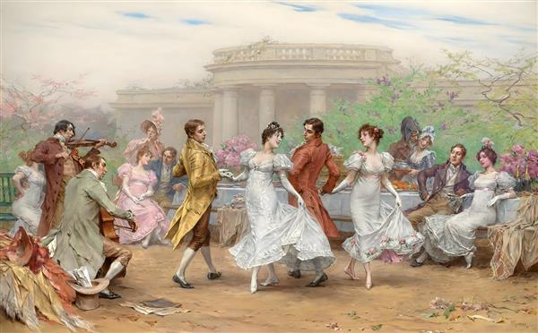 نقاشی کلاسیک اروپایی از رقص در عمارت باشکوه مناسب پوستر دیواری سالن پذیرایی و تالارهای مجلل