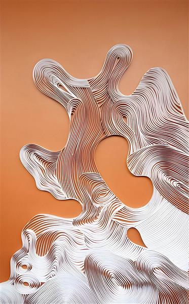 پوستر دیواری انتزاعی با خطوط منحنی سفید روی زمینه خردلی ایده آل برای اتاق خواب، سالن‌های زیبایی و فضاهای مینیمال