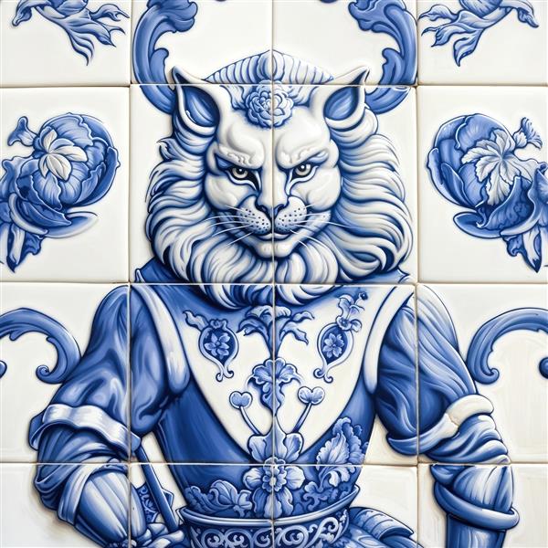 طرح کاشی‌کاری سنتی آبی و سفید با نقش اساطیری شیر سنگی ویژه پوستر دیواری سفره‌خانه‌ها و دکوراسیون کلاسیک