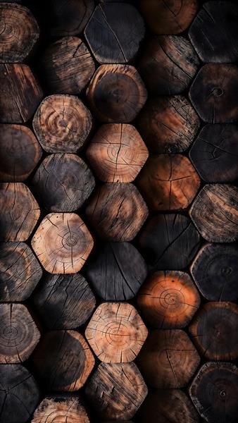 طرح بافت چوب سوخته با چیدمان هندسی شش‌ضلعی مناسب پوستر دیواری پشت تلویزیون و دکوراسیون مدرن و روستیک