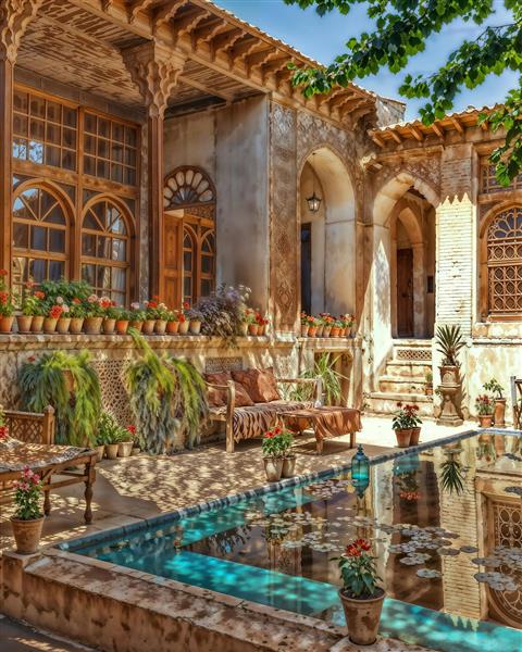 تصویر باکیفیت حیاط خانه سنتی ایرانی با حوض فیروزه ای و معماری اصیل برای پوستر دیواری رستوران سنتی و هتل های بومگردی