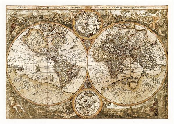 پوستر دیواری نقشه جهان قدیمی و آنتیک با جزئیات تاریخی برای دکوراسیون اتاق کار، کتابخانه و محیط های آموزشی