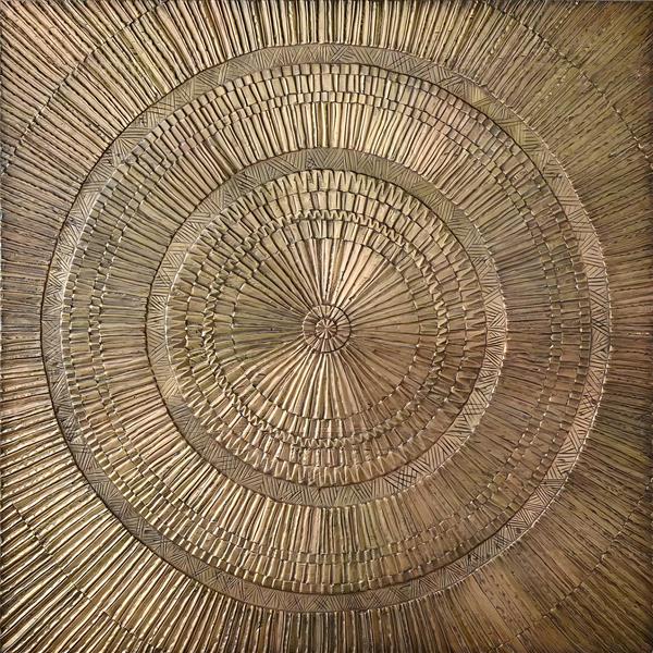 تابلو دکوراتیو طرح طلایی و مسی با نقوش شعاعی متالیک مناسب برای دکوراسیون پشت میز پذیرش و هتل های مجلل