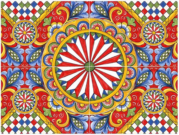 طرح کاشی کاری ایتالیایی (سیسیلی) با رنگ های شاد قرمز و زرد ویژه چاپ روی روتختی، کوسن، فرش و پوستر دیواری آشپزخانه های مدرن