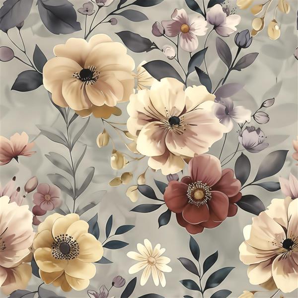 پوستر دیواری گلدار با رنگ های ملایم کرم و خاکستری و طرح آبرنگی شیک برای دکوراسیون اتاق پذیرایی، تالار و پرده های چاپی