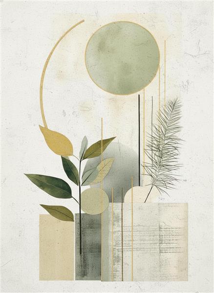 پوستر دیواری مینیمال با طرح گیاه، برگ های سبز و اشکال هندسی مدرن ایده آل برای دکوراسیون اتاق خواب، هتل و سالن های انتظار لوکس