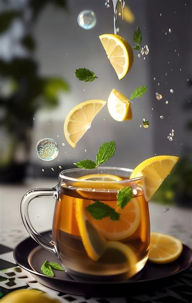 تصویر تبلیغاتی چای لیمو و نعناع برای پوستر دیواری کافه، کافی‌شاپ و تزئین دیوارهای آشپزخانه و رستوران