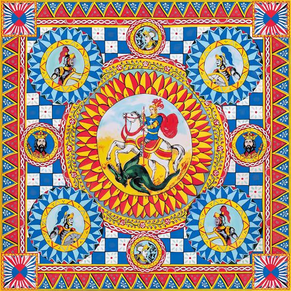 طرح سنتی سیسیلی با نقش شوالیه و پادشاه مناسب چاپ شال، روسری و پوستر دیواری هنری رستوران‌های ایتالیایی