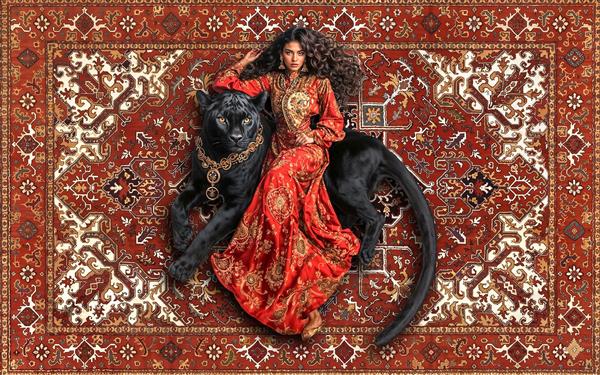 نقاشی مینیاتور فانتزی زن با لباس قرمز و پلنگ روی فرش ایرانی ویژه تابلو فرش، پوستر دیواری هنری و کوسن‌های خاص