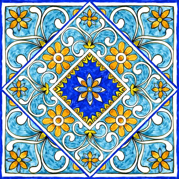 طرح کاشی سنتی ایتالیایی با گلهای خورشیدی زرد برای پوستر دیواری آشپزخانه، کافی‌شاپ و تزئین دیوار حیاط