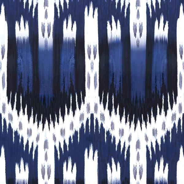 طرح پارچه ایکات (Ikat) سرمه‌ای و سفید سنتی مناسب کاغذ دیواری اتاق نشیمن و کوسن‌های دکوراتیو اصیل