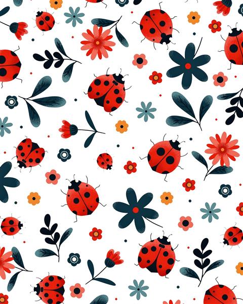 طرح فانتزی کفشدوزک و گل‌های وحشی برای کاغذ دیواری اتاق دخترانه و چاپ روی دفترچه یادداشت و لوازم تحریر